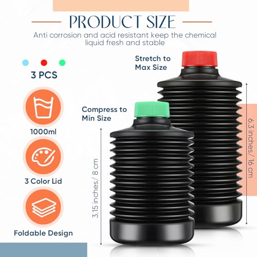 GlikCeil 3 Pcs 1000ml Darkroom Chemical Storage Bottles Foldable Liquid Container Film Photo Developing Processing Equipment Anti Oxidation Storage Laboratory Accessories, Black