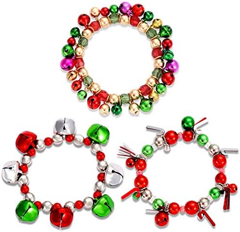 HEIDKRUEGER 3pcs Christmas Jingle Bell Bracelets Xmas Multi Color Stretch Beaded Charm Bracelet Gift Jewelry Christmas Stocking Stuffers Holiday Party Favors For Women Girls Kids