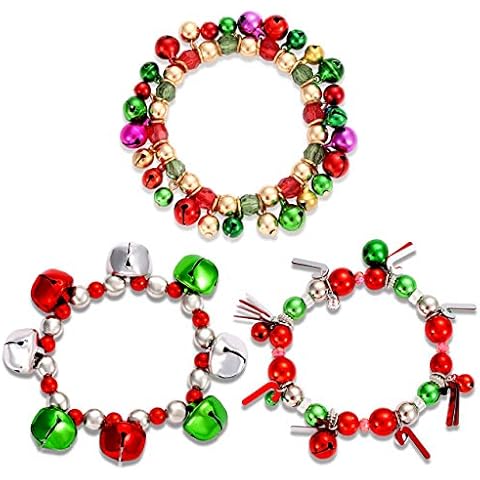 HEIDKRUEGER 3pcs Christmas Jingle Bell Bracelets Xmas Multi Color Beaded Charm Stretch Bracelet Christmas Holiday Party Favors for Women Jewelry Gift Cover