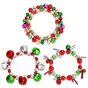 HEIDKRUEGER 3pcs Christmas Jingle Bell Bracelets Xmas Multi Color Beaded Charm Stretch Bracelet Christmas Holiday Party Favors for Women Jewelry Gift