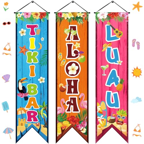 Image of Chiisong 3 Pcs Hawaiian Banners Aloha Luau Porch Sign Tiki Bar Hanging Flag Tropical Welcome Sign Summer Beach Pool Party Decorations Photo Props Backdrop for Outdoor Door Wall Yard Birthday Camping