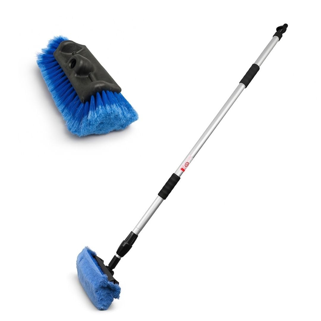 Autowaschbürste mit Teleskopstiel von 150-250 cm mit Wasseranschluss – Profi Waschbürste mit 4-Seiten-Kopf, weichen Borsten, Durchflussregulierung – ideal für LKW, Transporter, Haus & Garten