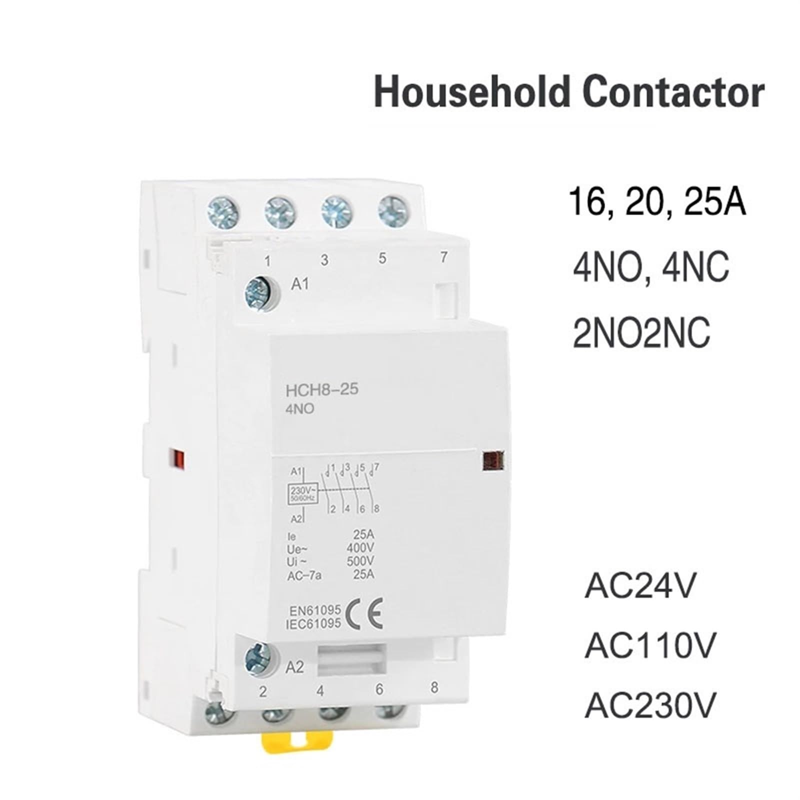 Contactor Modular HCH8-25, 4 Polos, 16 A, 20 A, 25 A, NA, NC o 2, 24 V, 110, 220, contactor automático doméstico, Tipo riel DIN, 1 Unidad(4P 25A 4NC AC230V)