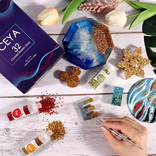 Ceya Crushed Irregular Glass Set 32 Colors, 22.6 oz/ 640g Metallic Crystal Chips Broken Glass Glitter 2-4mm Craft Chunky Glitter for Nails Art Epoxy Resin Mold Coasters Ornament Painting Phone Case
