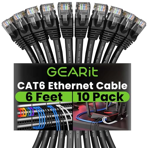 GEARit Cat 6 Ethernet Cable (10-Pack 6 Feet) Cat6 Network Patch, 10Gbps, RJ45, Snagless Cord, Gold-Plated Connectors, Internet for PC, TV, Tablet, Router, Printer, Servers, IT Data Center – Black