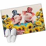 Xibuciein Independence Day Felt Area Rug with Dotted Non-Slip Backing, U.S. Flag Themed Farm Pig Rustic Farmhouse Sunflower Natural Floor Mat for Living Room Bedroom Office, 60x90cm, Rectangle