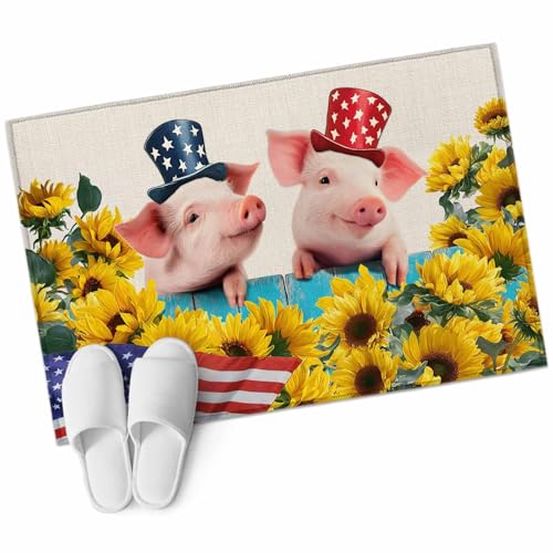 Xibuciein Independence Day Felt Area Rug with Dotted Non-Slip Backing, U.S. Flag Themed Farm Pig Rustic Farmhouse Sunflower Natural Floor Mat for Living Room Bedroom Office, 60x90cm, Rectangle