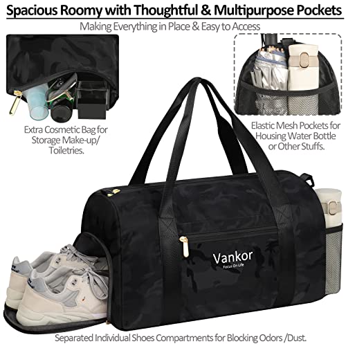 Gym Bag For Women With Shoe Compartment Waterproof, Sports Duffle Bag For Travel Duffel Weekender Carry On Beach Yoga Overnight Luggage Mommy Maternity Hospital Bag Camo Black 17.50 Inch #TOP2