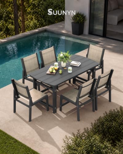Image of HDPE Outdoor Patio Dining Set with Table & 6 Stackable Armless Textilene Chairs, All-Weather 7-Piece Dining Table Set with Umbrella Hole, Patio Furniture for Garden, Poolside, Backyard, Deck | Grey