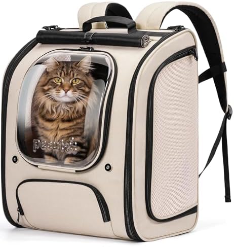 Pecute Katzenrucksack,Rucksäcke für Hunde,Ergonomie,XXL,Khaki | Sonnenschutz,Sichtfenster,Sicherheitsleine,Robust,Große Netzflächen Für Luftzirkulation,Geeignet Für Outdoor,Tierarz