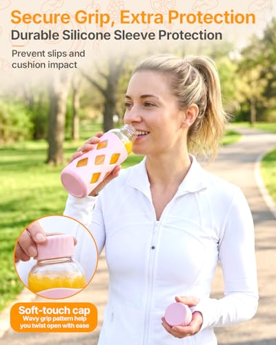 Image of Zukro 16 oz Glass Water Bottles with Lid & Silicone Sleeve, 2 Pack | Reusable Clear Juice Bottles, Stainless Steel Airtight Lid, 100% Leak Proof, For Juicing & Smoothie, BPA Free