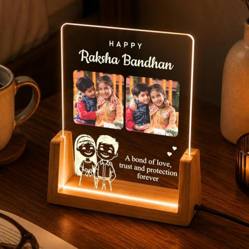 Image of Giftplease Personalized Raksha Bandhan LED Acrylic Photo Frame with Rakhi, Roli Chawal, Greeting Card, Wooden USB Night Lamp, Brother Sister Festival Keepsake, Memory Decor, Home Table Display