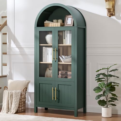 Image of 71 inch Tall Arched Display Cabinet, 5-Tier Bookshelf Modern Farmhouse Arched Bookcase with Glass Doors and Shelves, Wooden Pantry Storage Cabinet for Living Room, Office and Kitchen, Green