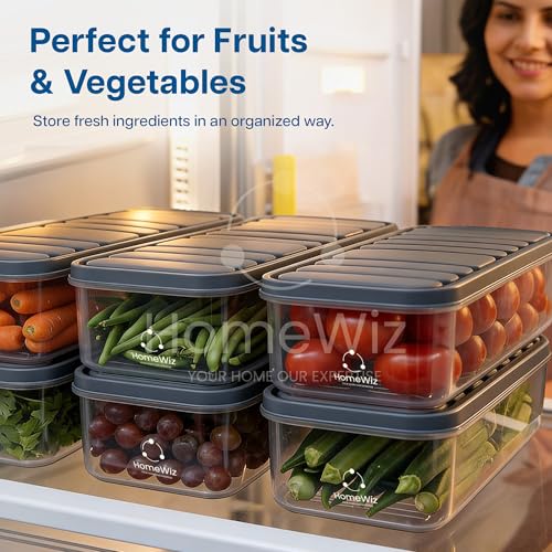 Image of HomeWiz Fridge Storage Containers 1200ml x8 | Air Tight Storage Container Set | Fridge Organiser Storage Boxes |Food Grade BPA-Free Plastic Containers |Stackable, Transparent, for Fruits & Vegetables