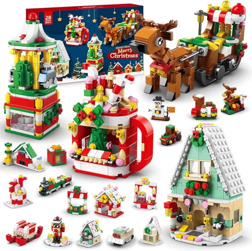 LATERN Adventskalender 2025 24 Tage Weihnachts Countdown Kalender mit 1099 Stück 6 In 1 Elch Schlitten Haus Becher Bausteine Spielzeug für Kinder Feiertags Dekoration Weihnachts Party Gastgeschenke