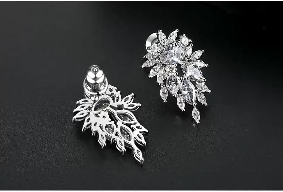 Silver Flower Leaf earrings For Women，Cubic Zirconia Wedding Earrings Bridal Bridesmaid - Image 6