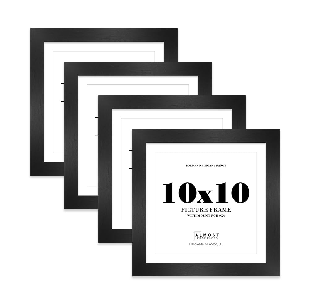 10x10" Black Square Frame With Mount for 9x9" Pictures 28mm Edge Frame Display with Wall Hooks and Kickstand, 4 Pack