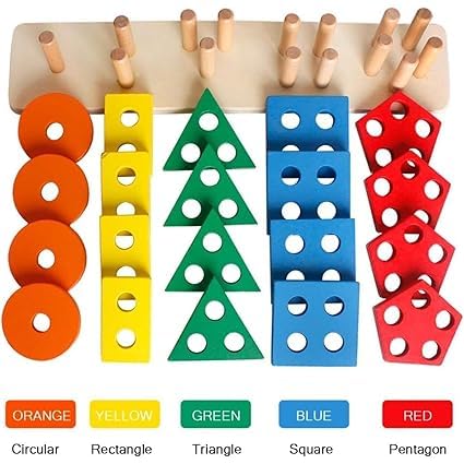 KRIDEZ Montessori Wooden Sorting & Stacking Toys | Shape Color Recognition Geometric 4 Angle Blocks | Matching Puzzle with Lacing String | Educational Learning Board Game -20pcs 4