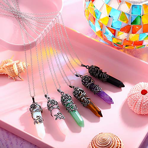 Yaomiao 6 Pieces Hexagonal Healing Crystal Necklace Natural Prism Stone Pendant Flower Wrapped Antique Quartz Yoga Energy With 20 Inch Chain (Antique Silver Flower And Chain) #TOP3