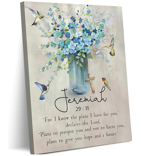 Scripture Canvas Wall Art Christian Wall Decor Jeremiah Bible Verse Painting Picture Blue Religious Farmhouse Hummingbird Poster Print Artwork for Church Living Room Bedroom Home Decoration 12x16in