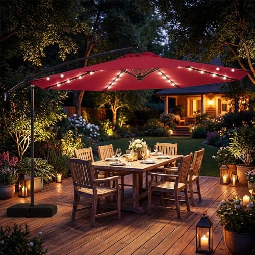 Tangkula 10ft Solar Patio Umbrella with Base Included, Offset Cantilever Outdoor Umbrella with 32 LED Lights, Infinite Tilt, 360 Degree Rotation, Crank Handle for Pool Deck Garden Backyard (Wine) — view 8