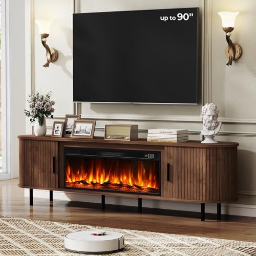BREEZEHEAT 80" Fluted Fireplace TV Stand for TVs Up to 90, Entertainment Center with Electric Fireplace, Curved Modern Design, Media Console Cabinet f