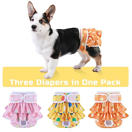 Image of Washable Dog Diapers Female 3 Pack Reusable Premium Highly Absorbent Puppy Diapers, Flexible Doggie Diapers, Durable Leak-Proof Dot Doggy Diapers for Period Heat Incontinence Potty Training, S