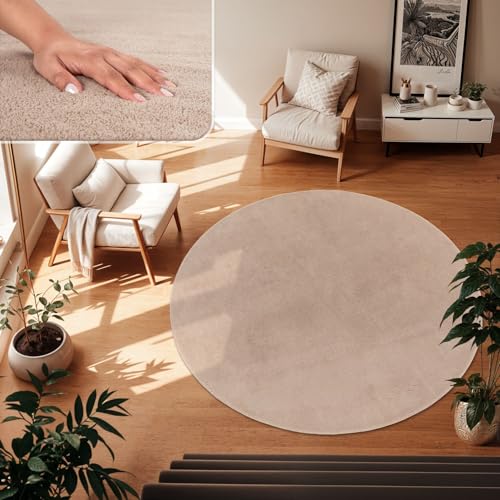 TT Home Tapis Poil Ras Tapis De Salon Monochrome Design Moderne Lavable, Couleur: Beige, Dimension:80 cm Rond