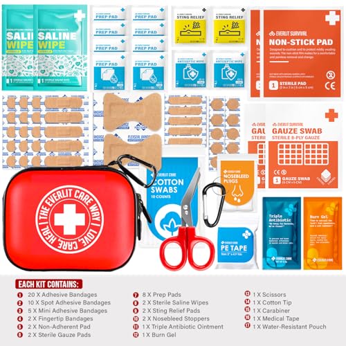 Image of EVERLIT CARE Mini-Aid First Aid Kit | Compact & Lightweight Case with Carabiners for Travel | Family & Kid Friendly 180 Pcs Wound Care Supplies for School, Work, Outdoor, Home & Office | Pack of 3