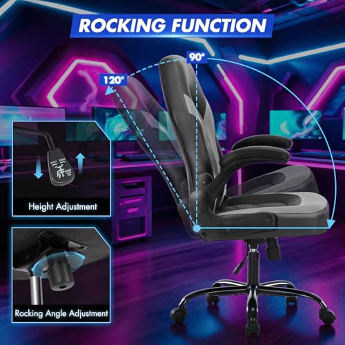 Image of Sweetcrispy Computer Video Game Desk Chair: Ergonomic Comfy Lumbar Support, PU Leather with Flip-up Armrest, Height Adjustable and 360 Swivel, for Adults, Black Grey