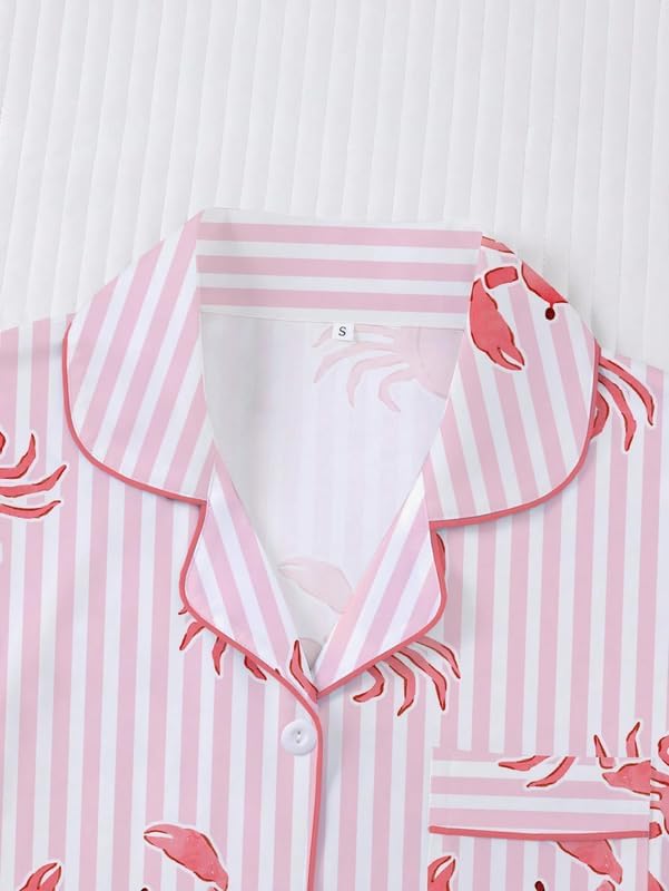 Women's 2 Piece Summer Ocean Print Pajama Sets Striped Crab Animal Sleepwear Short Sleeve Nightwear Cute Lounge Sets