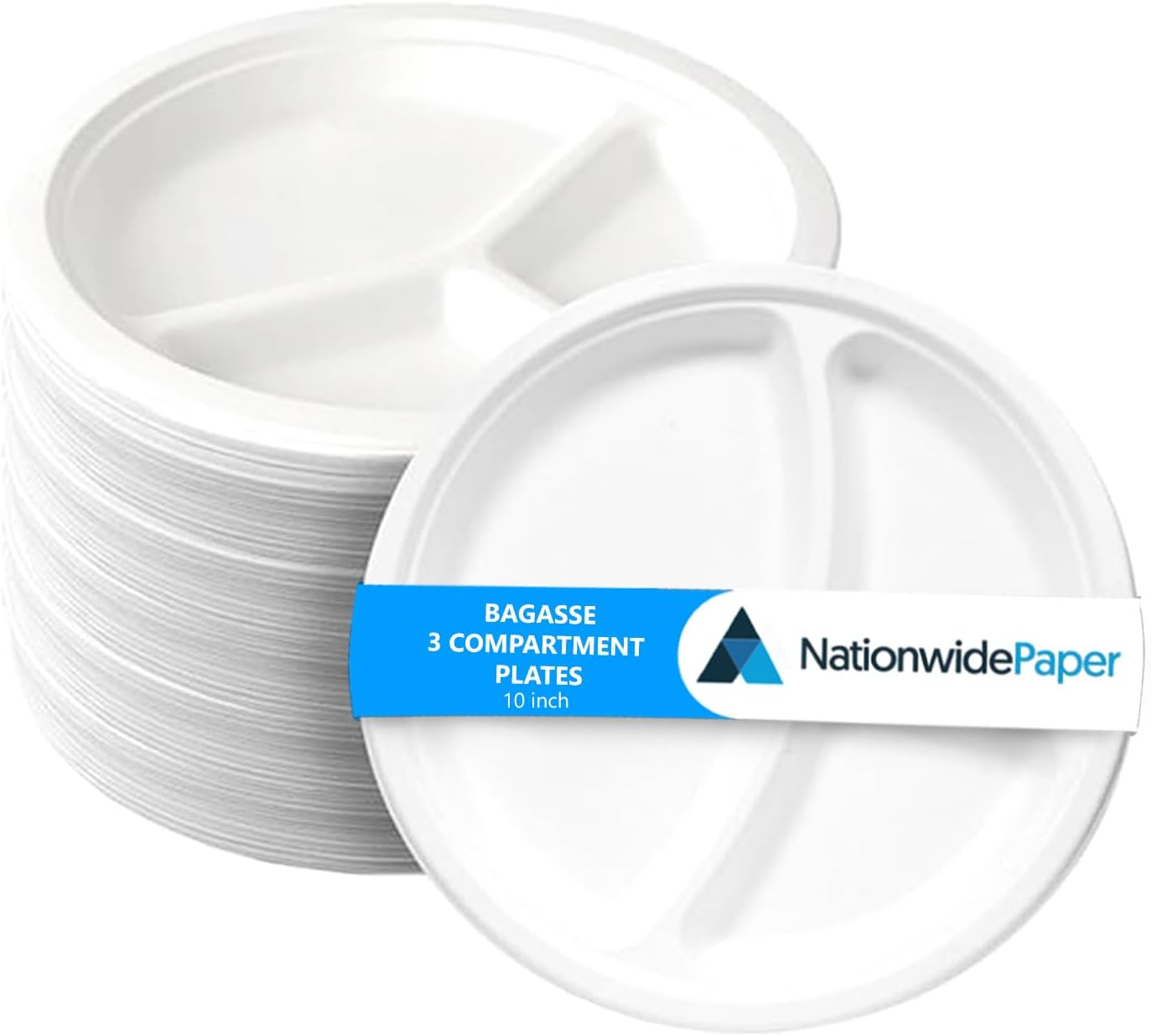 NationwidePaper 3 Compartment Plates Disposable Eco-Friendly White 10” Bagasse Paper Plates Pack of 50 (25cm)