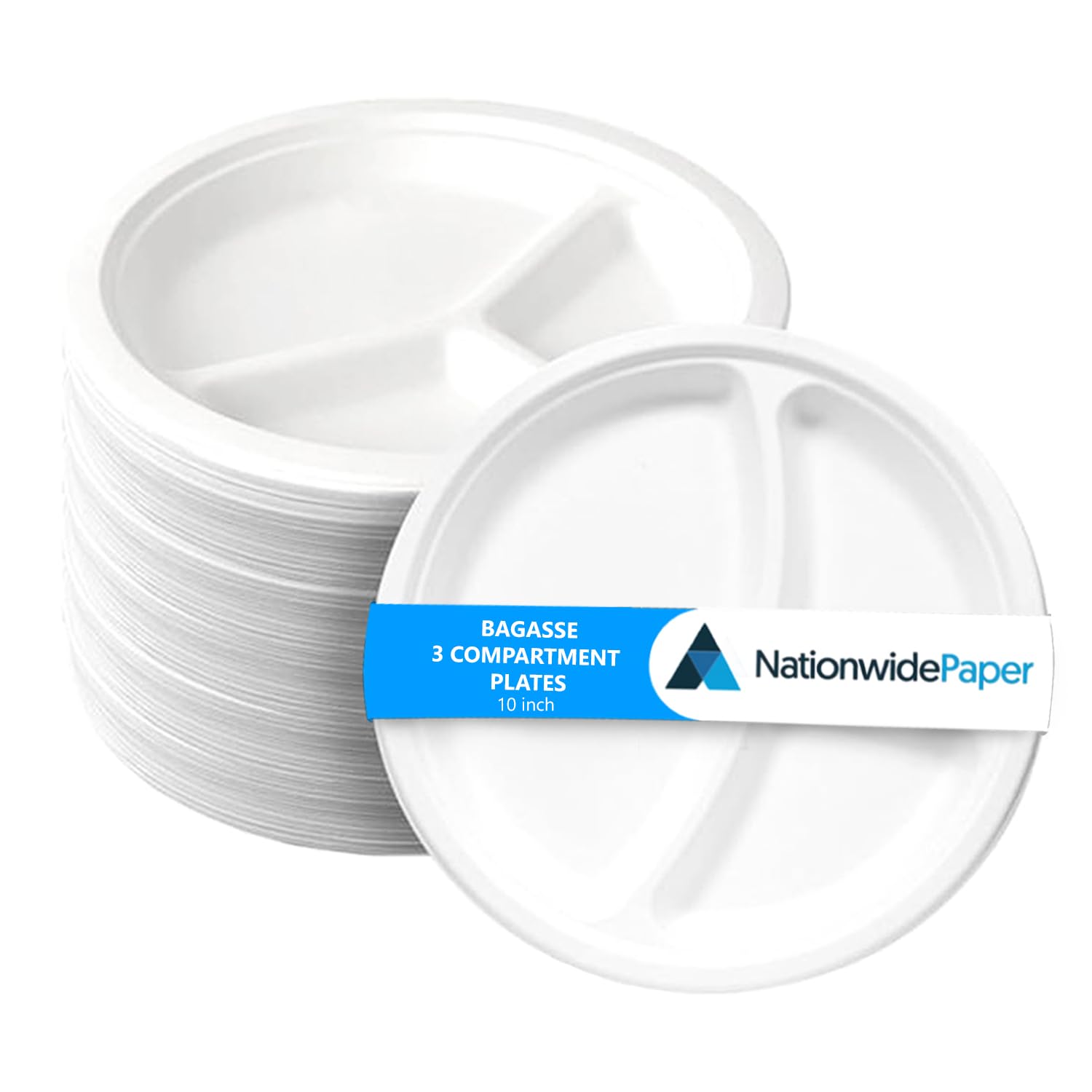 Nationwide Paper 3 Compartment Plates Disposable Eco-Friendly White 10” Bagasse Paper Plates Pack of 50 (25cm)
