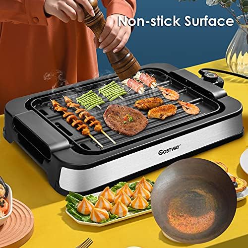 COSTWAY Smokeless Electric Grill with 2-in-1 Non-stick Cooking Plate, Drip Tray, Temperature Control, Dishwasher Safe BBQ Griddle for Indoor, 2000W