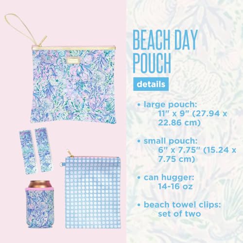 Image of Lilly Pulitzer Water Resistant Vinyl Beach Day Pouch, Zipper Bag Includes Drink Hugger, Small Pouch, and Towel Clips, Soleil It On Me, Large, Beachy