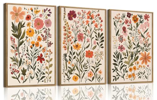 KISSFOX 3 Piece Boho Floral Canvas Wall Art For Bedroom