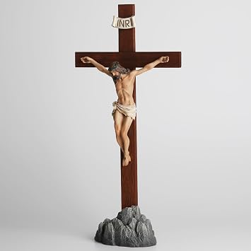 Crucifix Standing - Hand Painted Wooden Cross Table Decor, Standing Jesus Cross Catholic Home Decor Religious Gifts 15 Inch