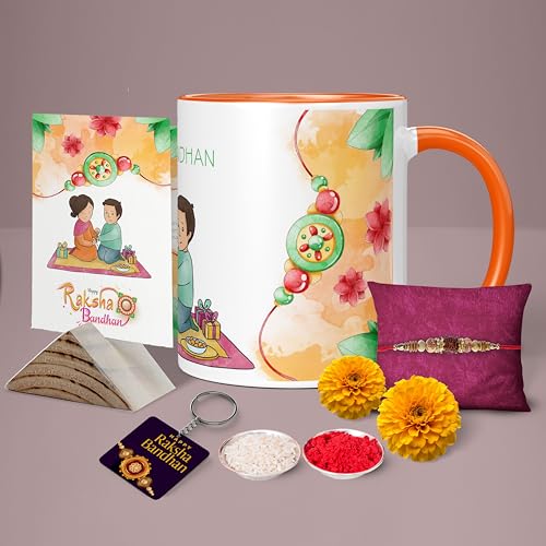 Image of Rakhi for Brother Printed Mug with Keychain Best Rakhi Combo Gift for Brother & Sister Rakshabandhan Return Gifts for Sister White 350ml Coffee Mug(Pack of 5)(Combo Set)(RMCKRCG612)