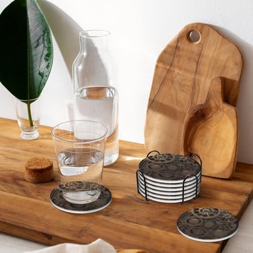 Dessous de verre céramique engrenages steampunk (Lot de 6 avec support)