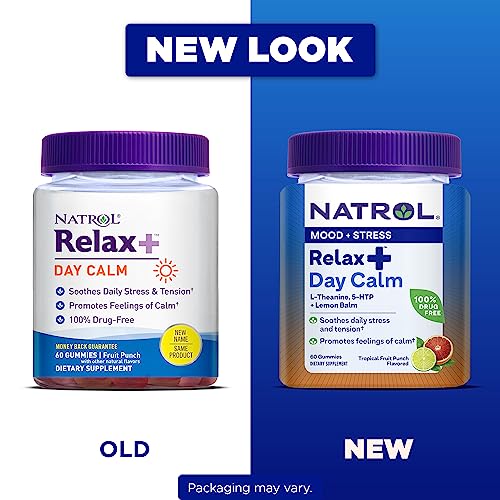 Natrol Relax + Day Calm With L-Theanine, 5-Htp And Lemon Balm, Drug-Free Dietary Supplement For Mood And Stress, 60 Tropical Fruit Punch-Flavored Gummies, 30 Day Supply #TOP1