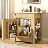 Squireewo 24 Inch Bathroom Vanity with Sink, Mid-Century Modern Bathroom Vanity with Storage Cabinet, Freestanding Bathroom Cabinet with Door Shelves, Open Shelves and Faucet, Light Oak