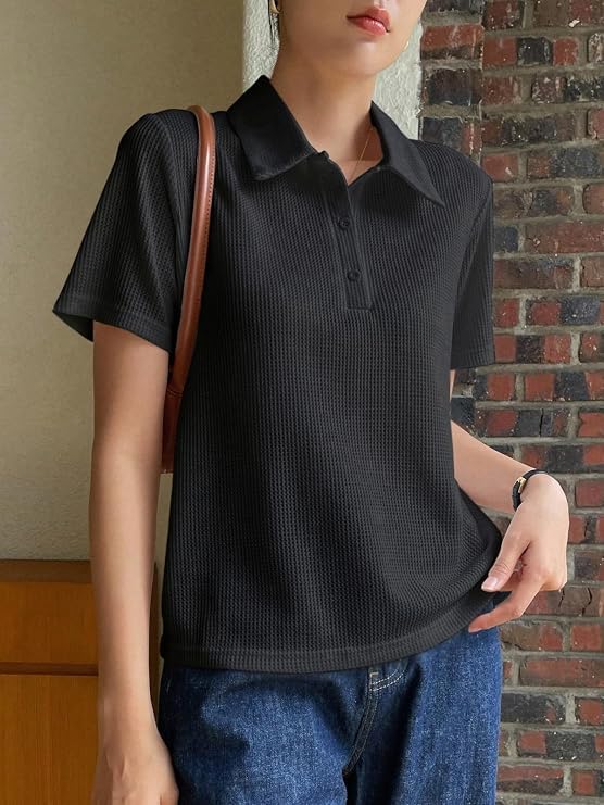 Image of Leriya Fashion Women's Summer Polo T-Shirt - Lightweight Breathable Short Sleeve Collared T-Shirt, Casual Loose Fit Everyday Top for Women