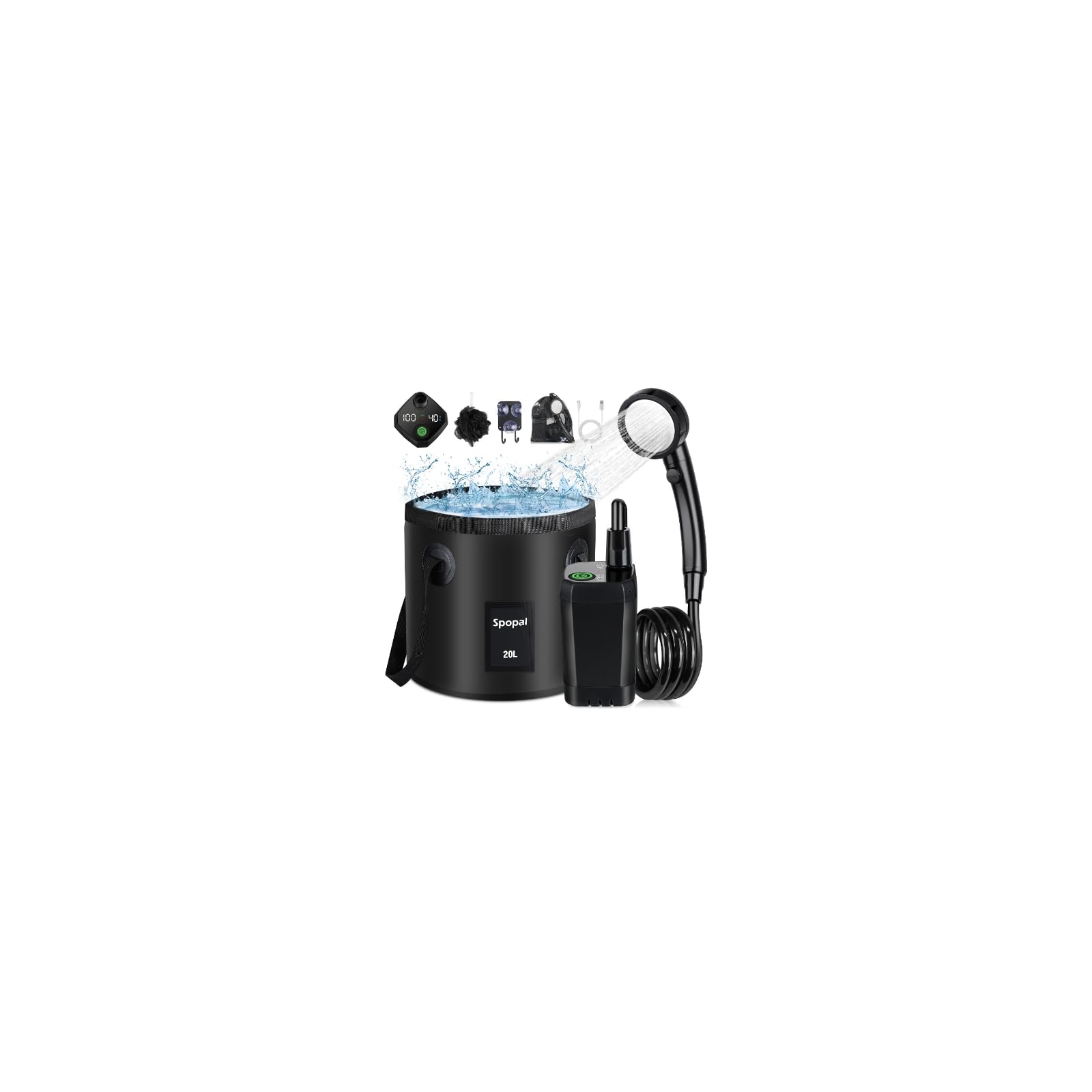 Spopal Camping Douche Portable, Kit Douche de Camping,Rechargeable,6000mAh, avec Seau Pliable 20L,Afficheur Intelligent et Pomme de Douche 4 Modes pour Extérieure,Camping