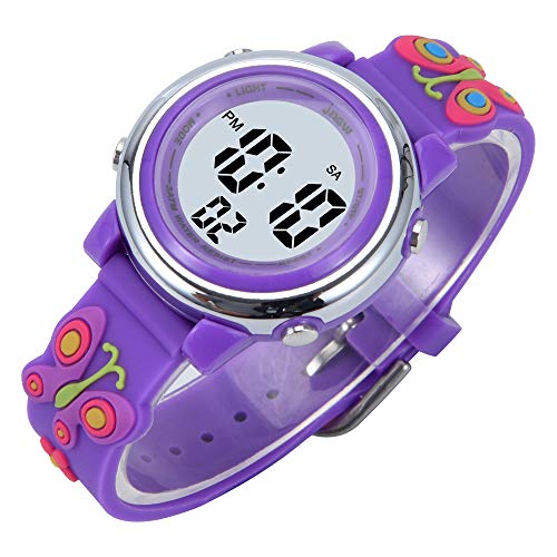 Kids Watches 3D Cartoon Silicone Butterfly Waterproof 7 LED Color Lights Toddler Digital Wrist Watch with Alarm Stopwatch for 3-10 Year Girls Little Child (Purple)3