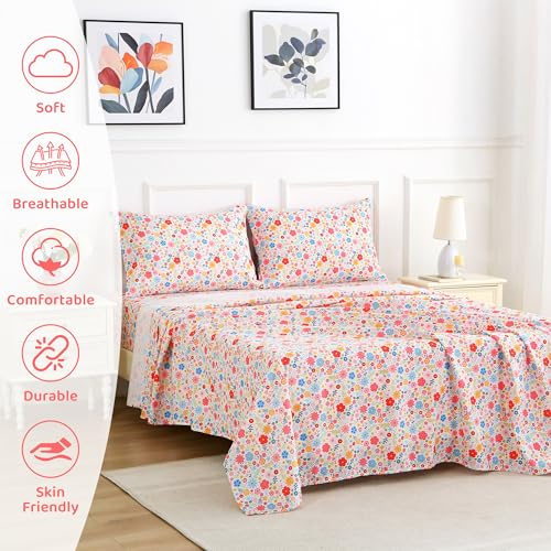 Image of Mooreeke Cozy Floral Microfiber Printed Floral Full Sheet Set - Soft & Breathable Colorful Flower Custers Bed Sheets with Extra Deep Pocket - Non-Slip Fitted Design - Colorful Flower Pattern - Full