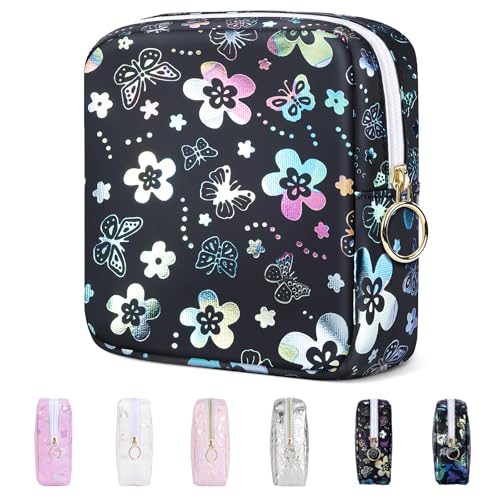 Image of Likesing 5.1 inch Mini Makeup Bag for Purse, Leather Small Makeup Pouch Travel Cosmetic Make up Bags for Women Girls, Cute Preppy Mini Toiletry Bag Coin Pouch Period Bag(Flower Butterfly Black)