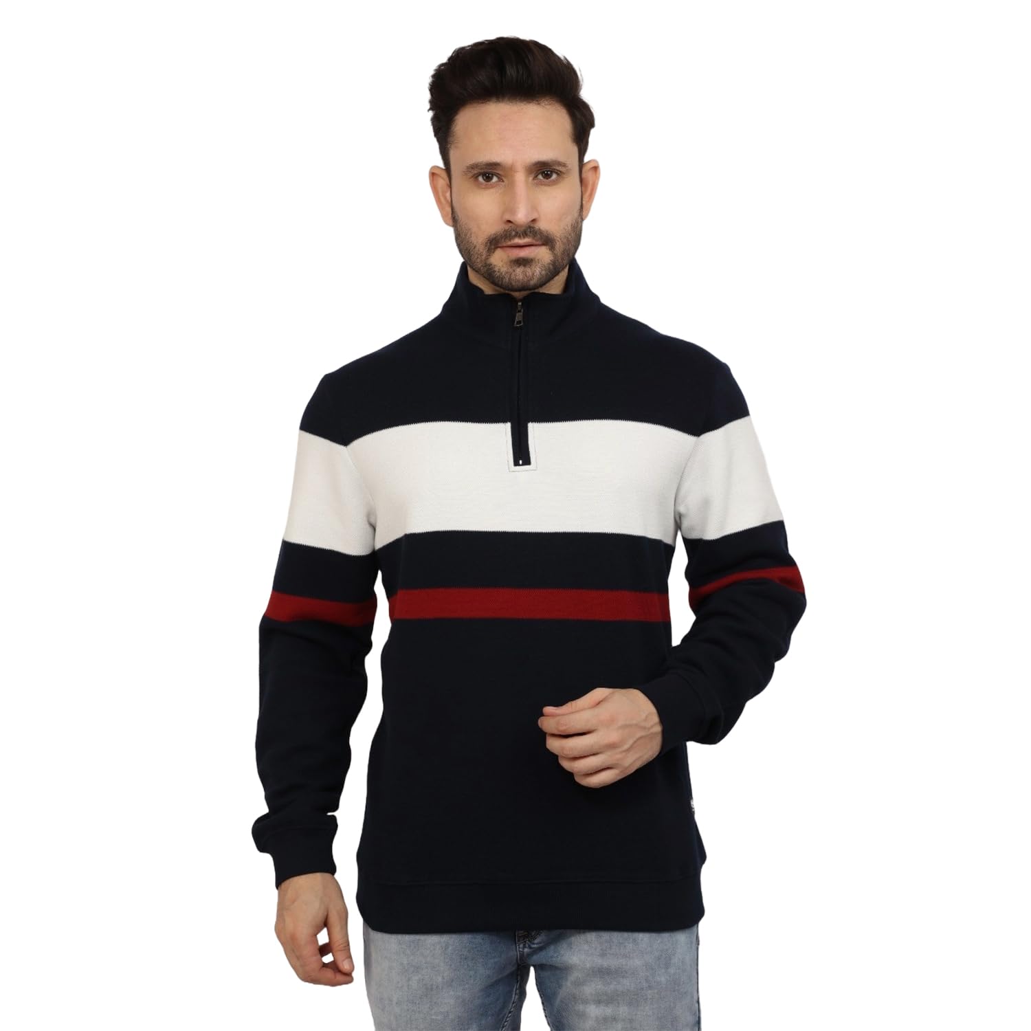 Buy Klub Fox Men Casual High Neck Winter Striped Navy Regular Fit