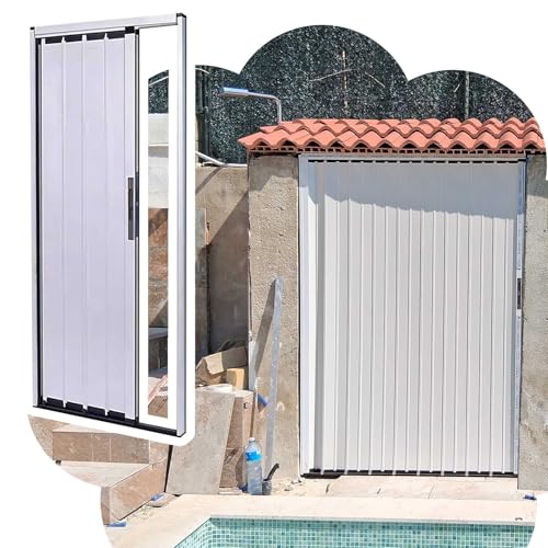 Concertina Door Exterior Folding Sliding Door White Lockable, Aluminum Alloy Retractable Gate for Shed Pergola Garage, Weatherproof Foldable Door for Barn Patio Yard(55x80in (139.5x203cm))