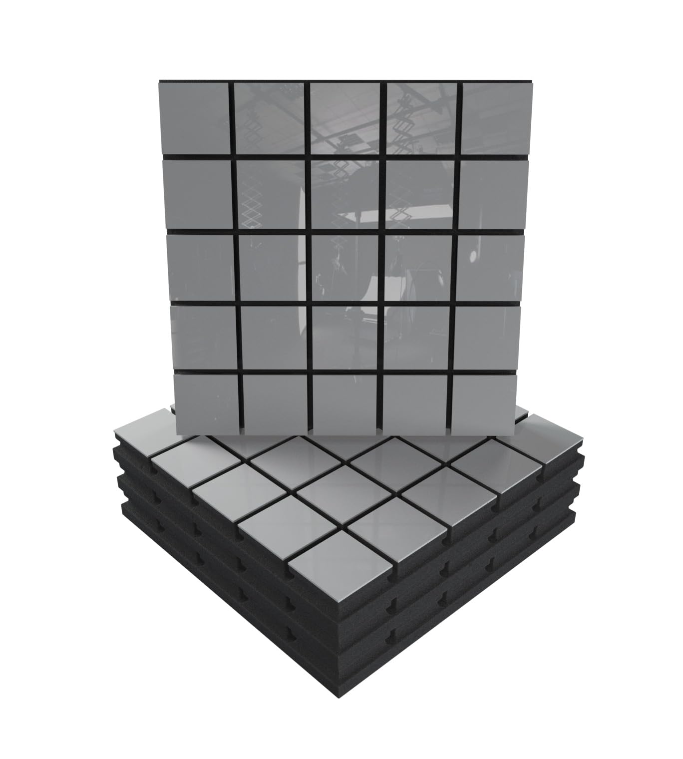 Panel akustyczny pochłaniający dyfuzję akustyczną | 50 x 50 x 5 cm | Absorpcja - rozpraszanie - odbicie - izolacja akustyczna | Kolorowe płytki: (x4 GRID, biały błyszczący plastik)