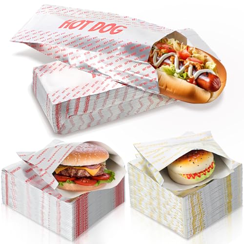 Honoson 300 Pcs Proof Food Wrappers Hamburger, Cheeseburger and Hot Dog Bags Disposable Foil Paper Hot Dog Sleeves for Fast Food and Truck BBQ Foil Paper Supply for Themed Party Event